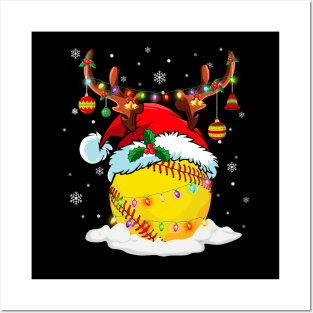 Reindeer Santa Hat Softball Christmas Lights Xmas Posters and Art